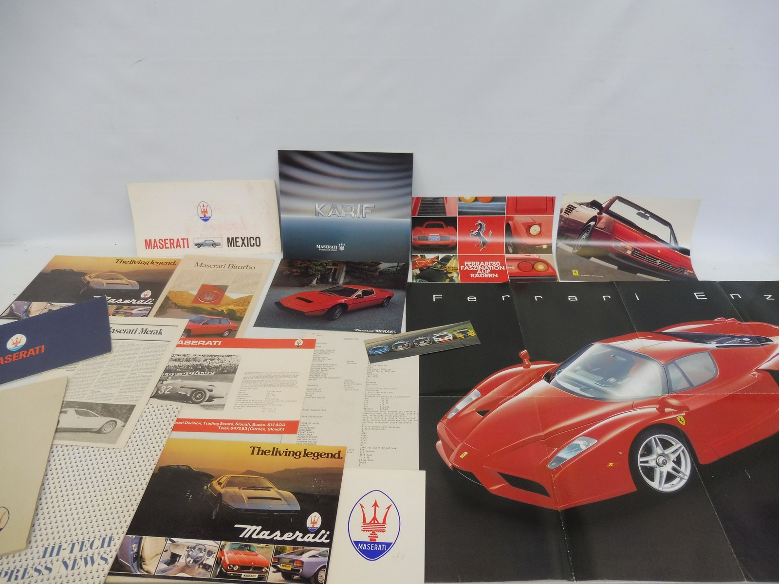 A small selection of Maserati brochures including one featuring the Mexico, plus others, Ferrari