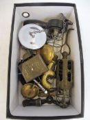 A small box of interesting items including a hanging inspection lamp. brass tap etc.