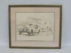 A framed and glazed pencil drawing of a Jaguar XK140 by Robert Murray, signed bottom left, 21 1/2