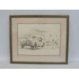 A framed and glazed pencil drawing of a Jaguar XK140 by Robert Murray, signed bottom left, 21 1/2