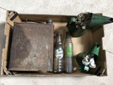 Two pint oil bottles with good labels, a Shellmex two gallon petrol can and two oil measures.