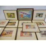 Twelve reproduction framed and glazed prints taken from Shell advertisements, the largest 19 x 15".