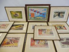 Twelve reproduction framed and glazed prints taken from Shell advertisements, the largest 19 x 15".