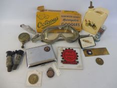 A box of mixed motoring collectables including a tyre gauge, Octopus goggles in original case, KLG
