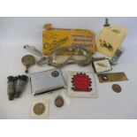 A box of mixed motoring collectables including a tyre gauge, Octopus goggles in original case, KLG