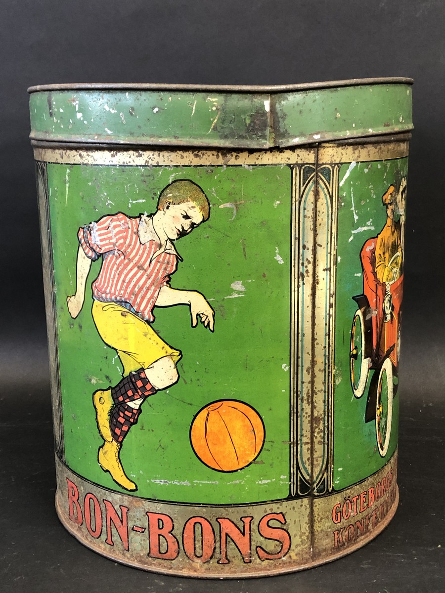 A large Continental cylindrical bonbon tin, illustrated all round with sporting teams plus an - Image 3 of 5