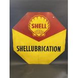 A Shellubrication octagonal tin advertising sign with original paper delivery label to the verso, 34