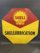 A Shellubrication octagonal tin advertising sign with original paper delivery label to the verso, 34