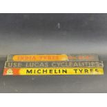 An India Tyres shelf strip, a Lucas embossed shelf strip and one other.
