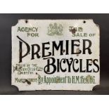 An early Premier Bicycles double sided hanging enamel sign, restored, 22 x 18".