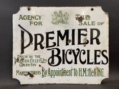 An early Premier Bicycles double sided hanging enamel sign, restored, 22 x 18".