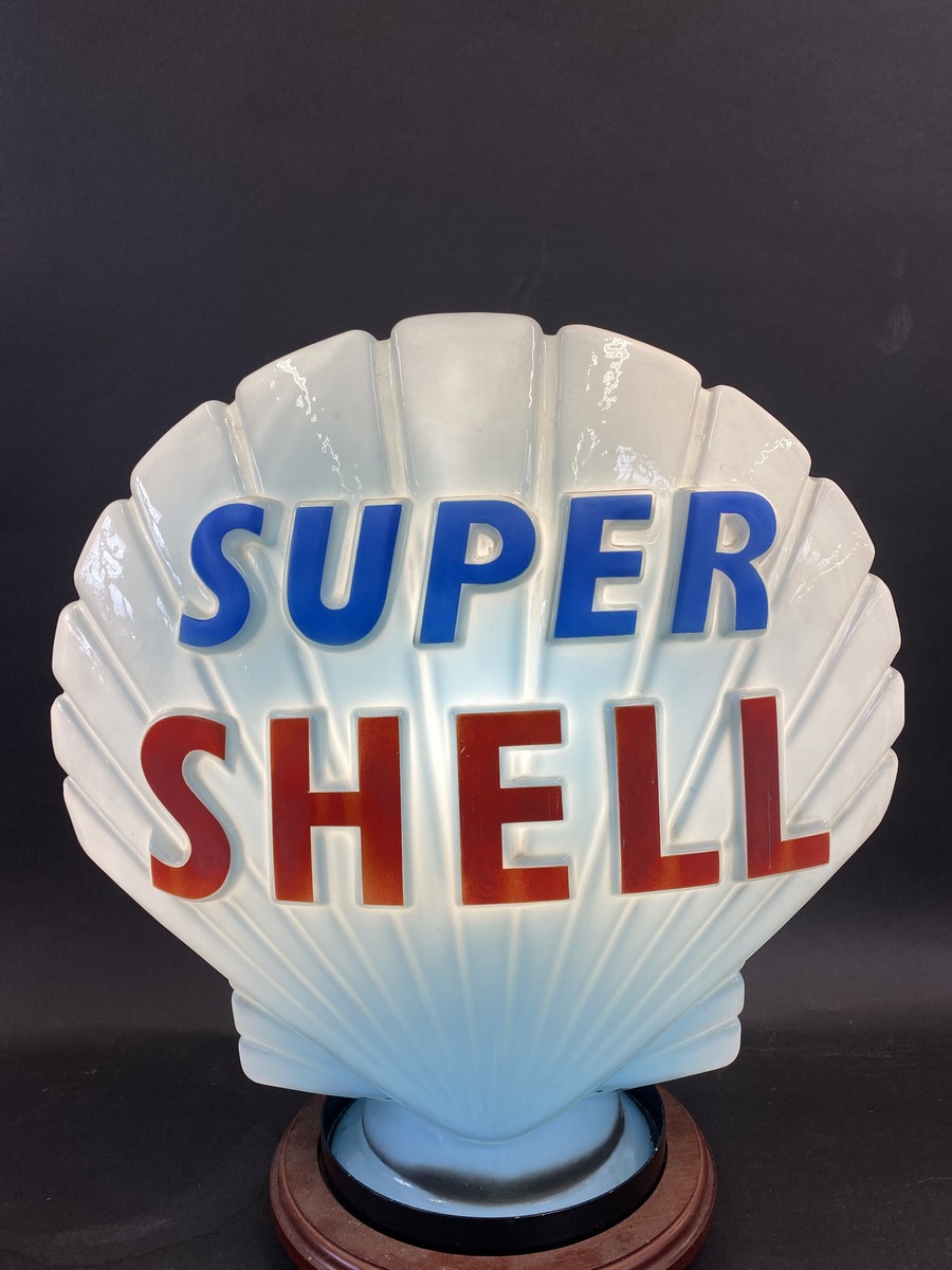 A blue Super Shell glass petrol pump globe by Hailware, fully stamped underneath 'Property of - Image 2 of 3