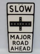 A Slow Major Road Ahead rectangular plastic road sign with integral clear reflective discs, 14 x