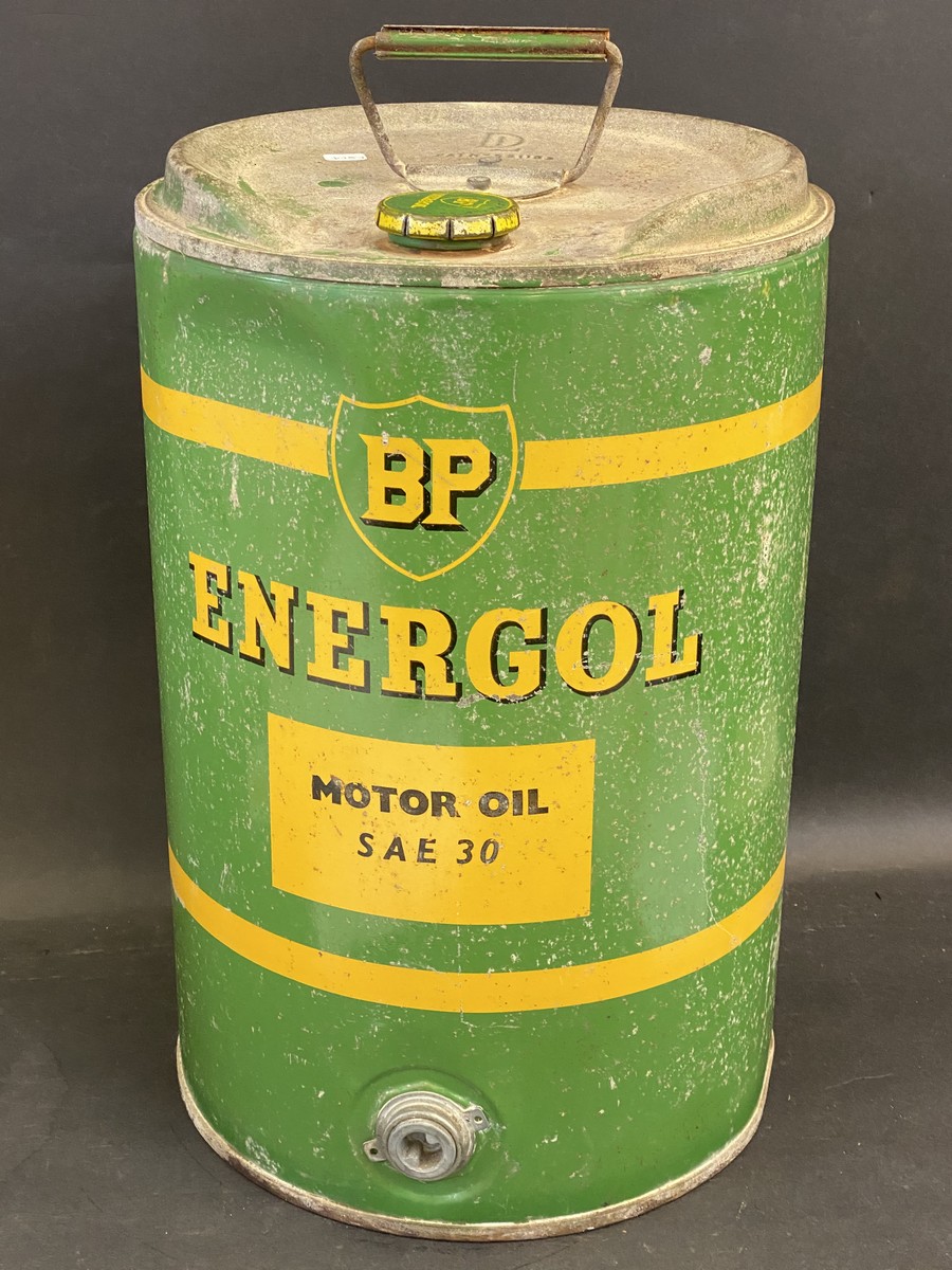 A BP Energol Motor Oil SAE 30 five gallon drum with original cap, in original condition.