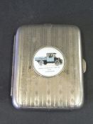 A Morris Commercial Cars silver plated cigarette case, the lid inset with a circular porcelain or