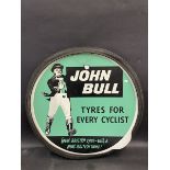 A John Bull 'Tyres for Every Cyclist' pictorial hardboard advertising sign set within a tyre, 26 x