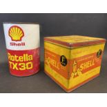 A Shell Tyesules rectangular tin plus a Shell Rotella can.