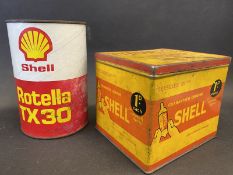 A Shell Tyesules rectangular tin plus a Shell Rotella can.