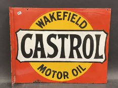 A Wakefield Castrol Motor Oil double sided enamel sign with hanging flange, in excellent