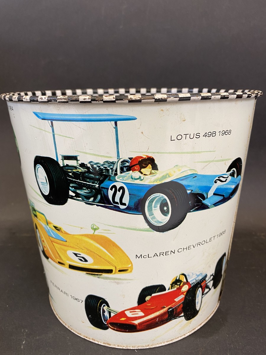 A waste paper bin decorated with Formula 1 race cars from the 1960s, 7" high. - Image 3 of 4