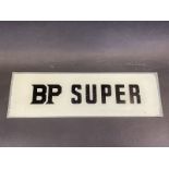 A BP Super rectangular glass petrol pump brand insert, 12 3/4 x 4".