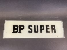 A BP Super rectangular glass petrol pump brand insert, 12 3/4 x 4".