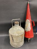 An early petrol can marked Regent Oil Co. Ltd, plus a conical fire extinguisher for display only.