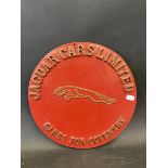 A reproduction Jaguar Cars Ltd circular plaque by Curzon Cast, 9 1/2" diameter.