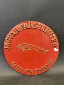 A reproduction Jaguar Cars Ltd circular plaque by Curzon Cast, 9 1/2" diameter.