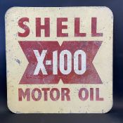 A Shell X-100 Motor Oil aluminium advertising sign of unusual large size, 29 3/4 x 29 3/4".