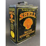 A Shell Motor Lubricating Oil rectangular gallon can with original cap, bright colour.