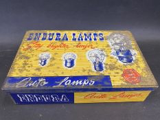 An Endura Lamps rectangular dispensing tin with a complete set of boxed bulbs inside.