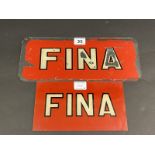 A Fina glass petrol pump brand indicator, 12 1/2 x 5" plus a plastic version, 8 1/2 x 4 3/4".