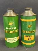 Two different version BP Energol cylindrical quart cans, both in good condition.