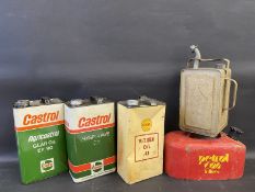 Two Castrol gallon cans, a Shell Vitrea Oil gallon can, a paraffin can and a 5 litre petrol can.