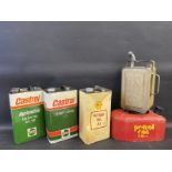 Two Castrol gallon cans, a Shell Vitrea Oil gallon can, a paraffin can and a 5 litre petrol can.