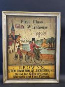 A contemporary and decorative painted wooden sign 'First Class Gin Warehouse', depicting two early
