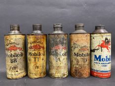 Five Mobiloil cylindrical quart cans including TT grades.