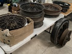 Eleven assorted wire wheels, some for parts only.
