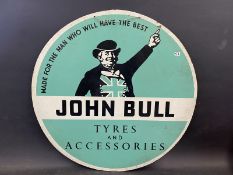 A John Bull Tyres and Accessories circular hardboard advertising sign, 23 1/2" diameter.