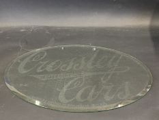 A rare and early Crossley Cars 'of Gas Engine Frame' oval glass advertising sign, 24 x 15".