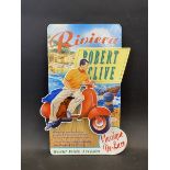 A pictorial 3D showcard 'Riviera Robert Clive' depicting a gentleman on a scooter, 8 3/4 x 14".