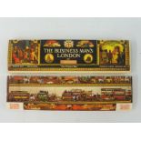 Two London Transport match books, one depicting a horse and carriage, trains and buses, and the