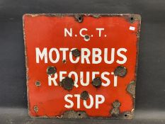 A Motor Bus Request Stop double sided enamel sign, 15 3/4 x 15".