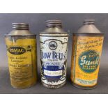 Three cylindrical pint oil cans including BowBells and Romac.
