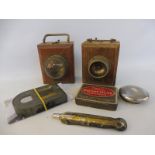 A box of collectables including a magazine/cartridge for RAF WWII Spitfire G45 gun camera, wooden