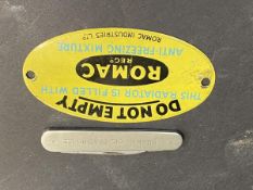 A Lobitos Oil/Burmah Oil penknife and a Romac oval tin sign 'Do Not Empty...'.