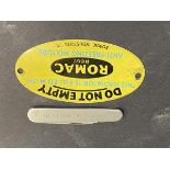 A Lobitos Oil/Burmah Oil penknife and a Romac oval tin sign 'Do Not Empty...'.