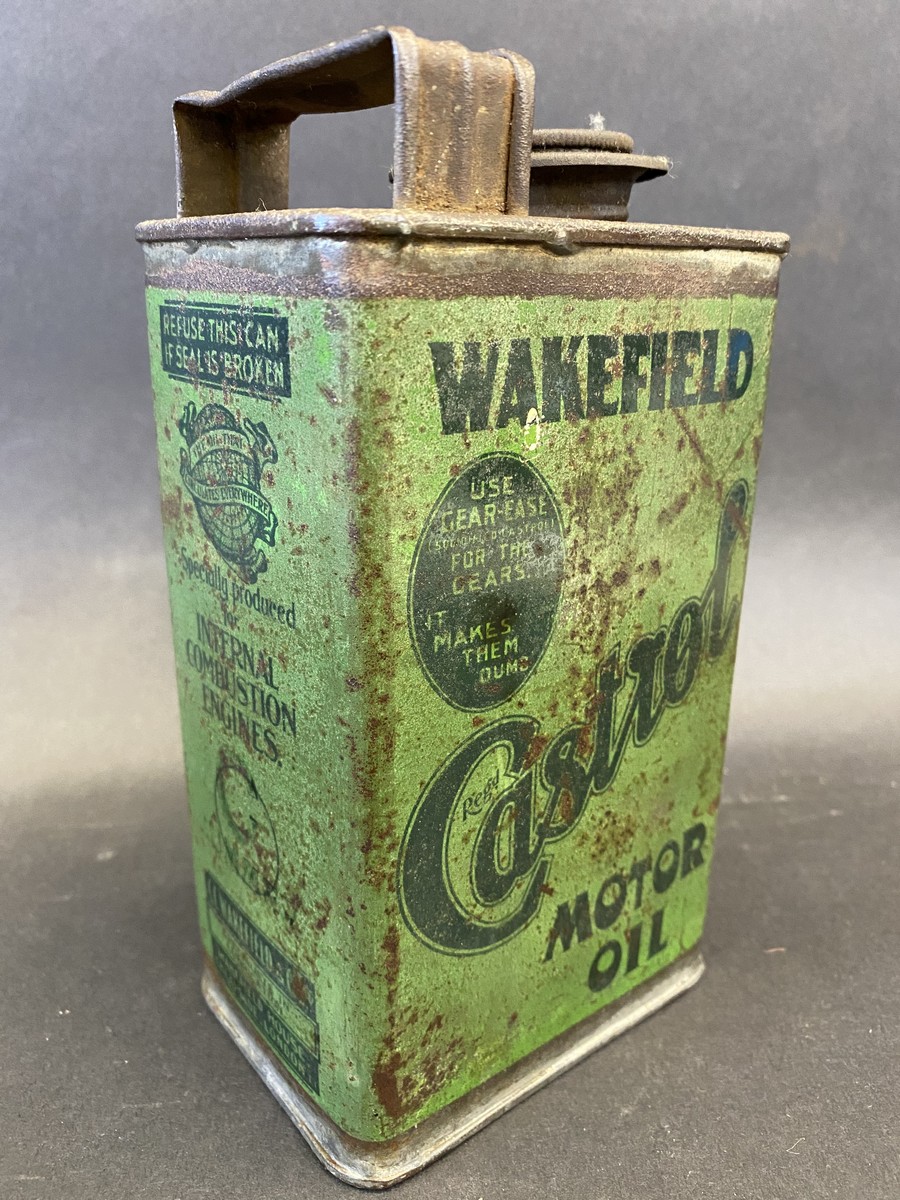 An early Wakefield Castrol Motor Oil quart rectangular can, all green version.