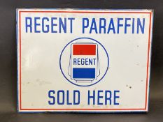 A Regent Paraffin Sold Here rectangular double sided enamel sign with hanging flange, 18 x 14".